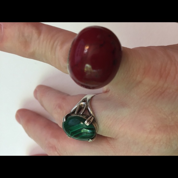 Vintage 925 Sterling silver rings, Wood resin & malachite - Picture 7 of 8